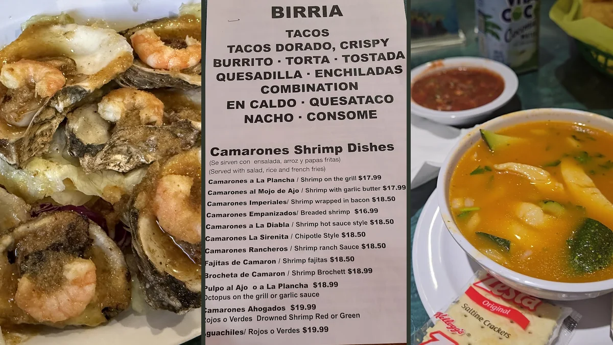 Tables set for Mexican seafood dishes.