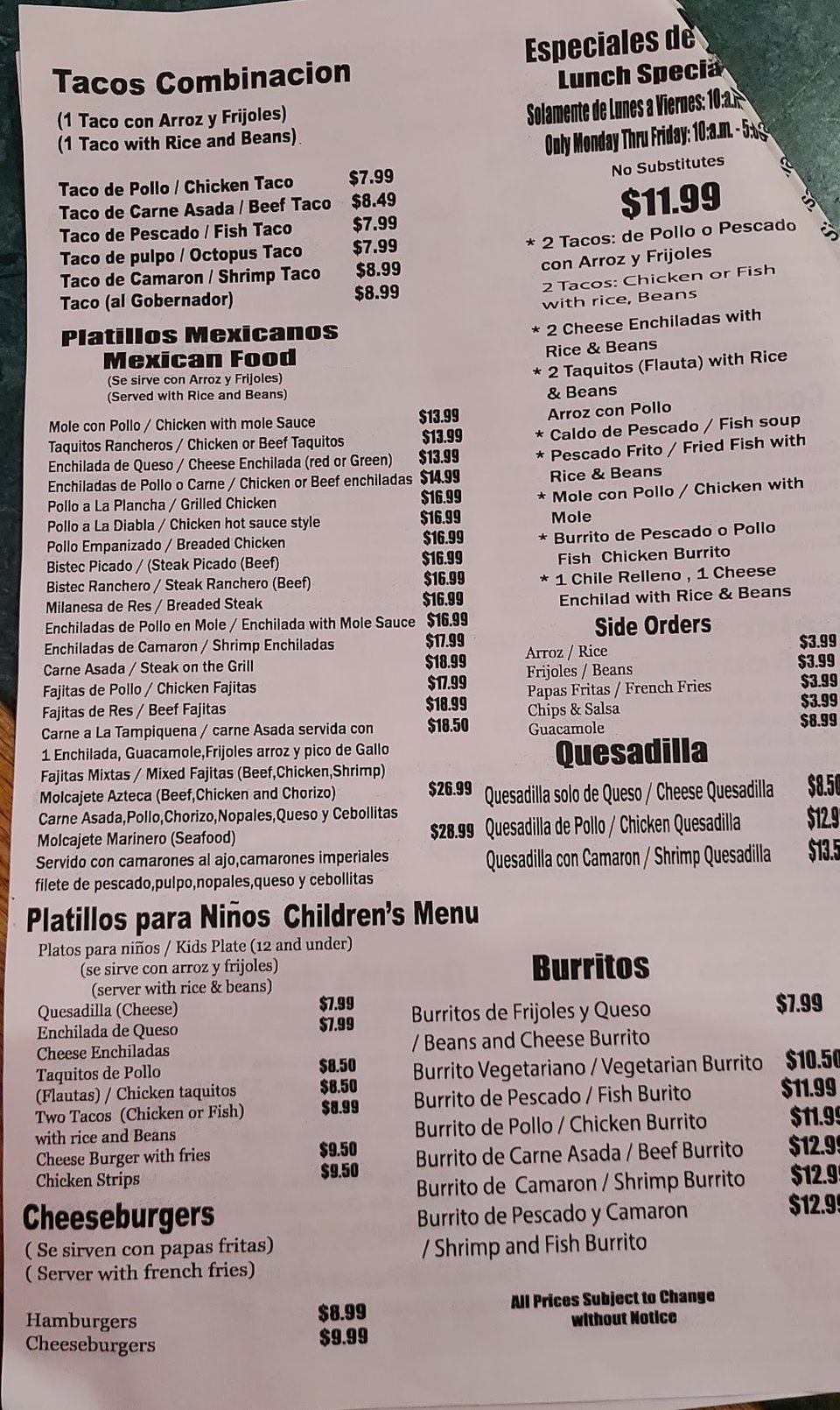 Menu page for ceviches and shrimp dishes.